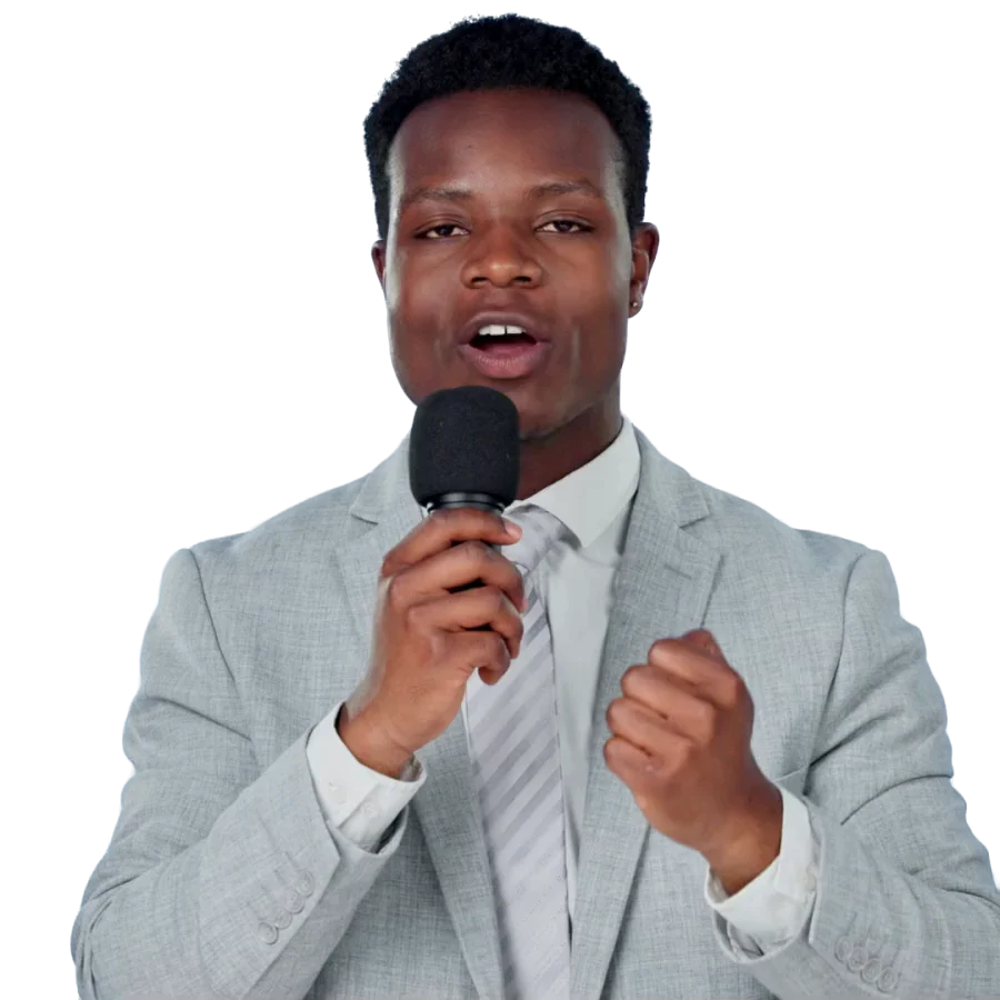 Jordan Okafor speaking into a microphone