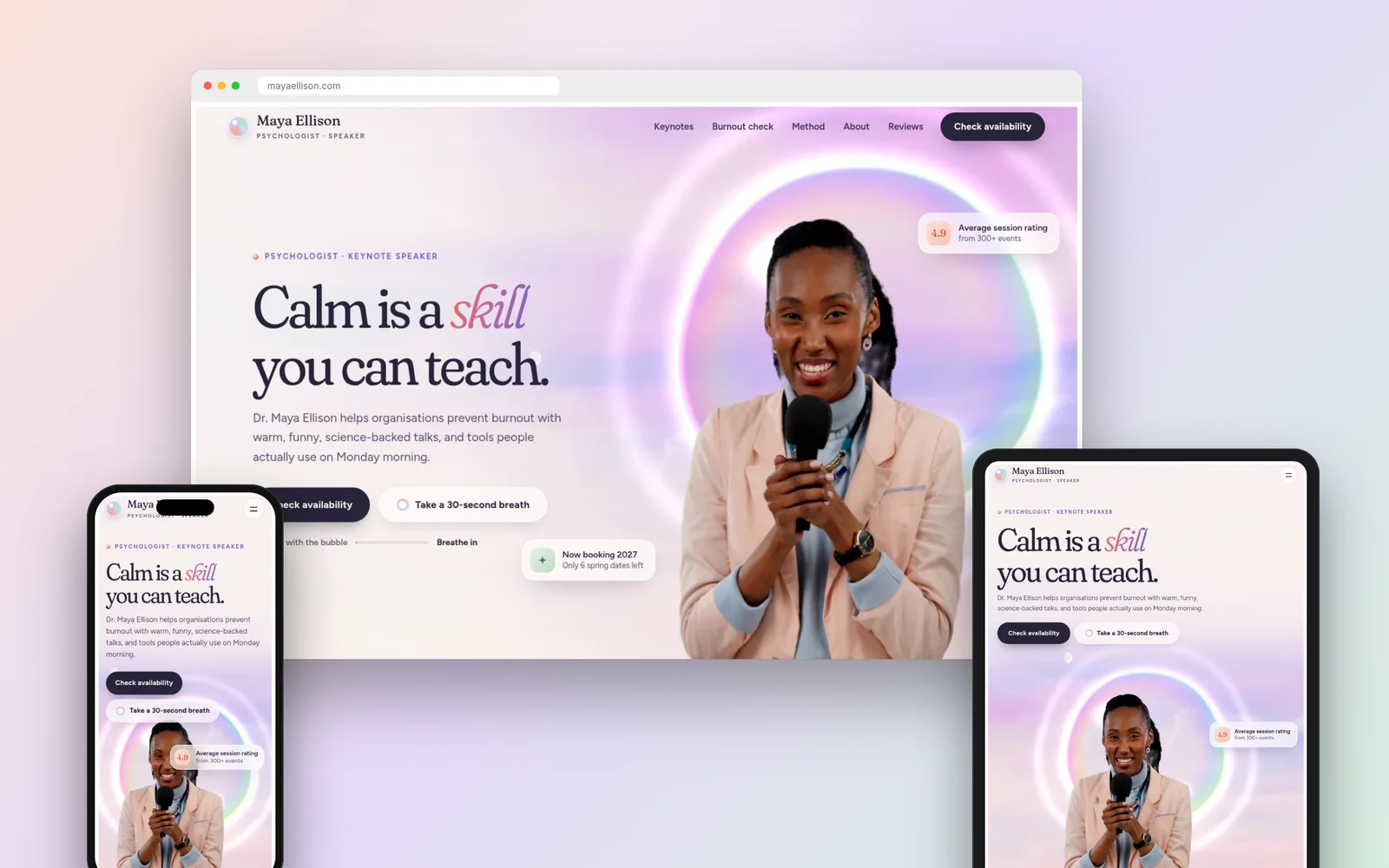 Breathe: Mental health & wellness speaker website design on desktop, tablet and phone