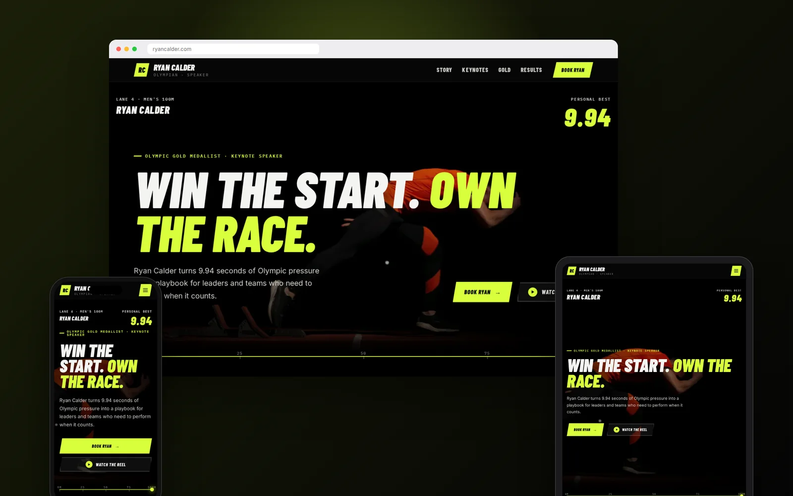 Champion: Olympian & performance speaker website design on desktop, tablet and phone