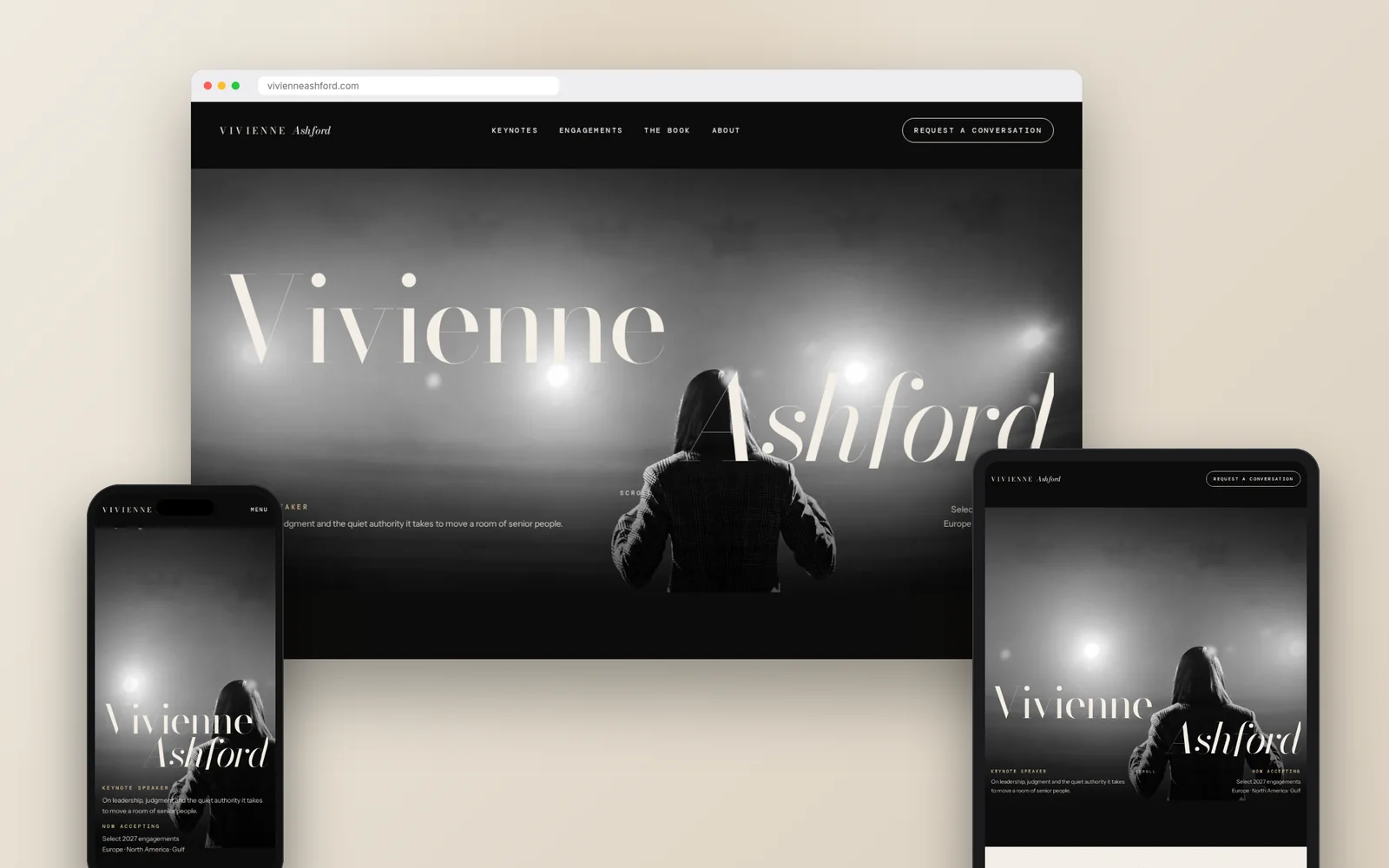 Couture: Editorial luxury for executive speakers design on desktop, tablet and phone