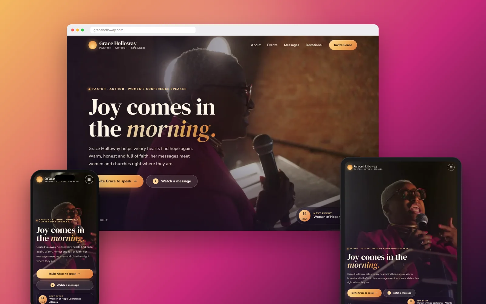 Grace: Christian & faith-based speaker website design on desktop, tablet and phone