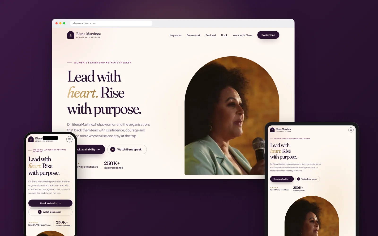 Luminous: Elegant women’s leadership speaker website design on desktop, tablet and phone