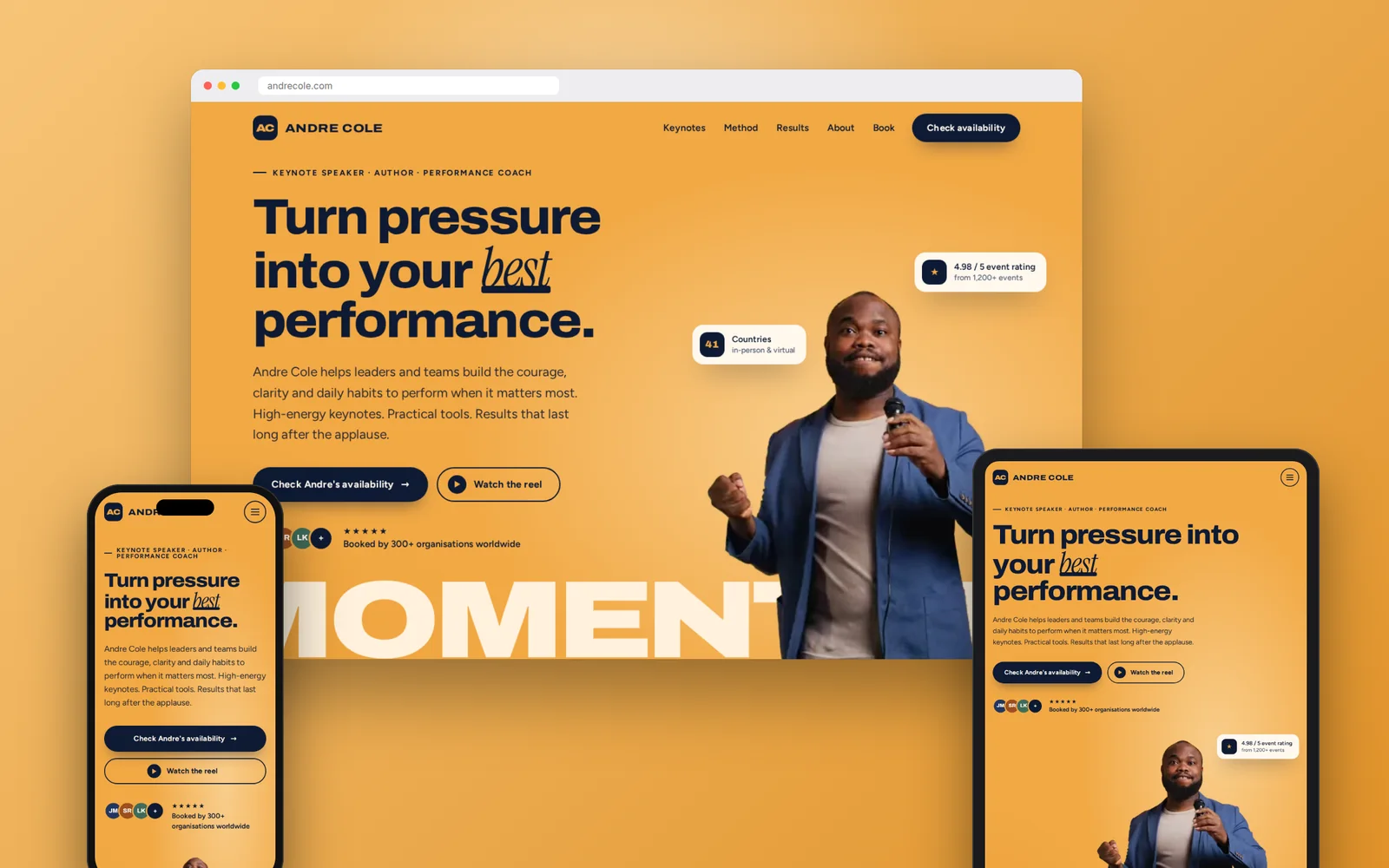 Momentum: Bold, readable motivational speaker website design on desktop, tablet and phone