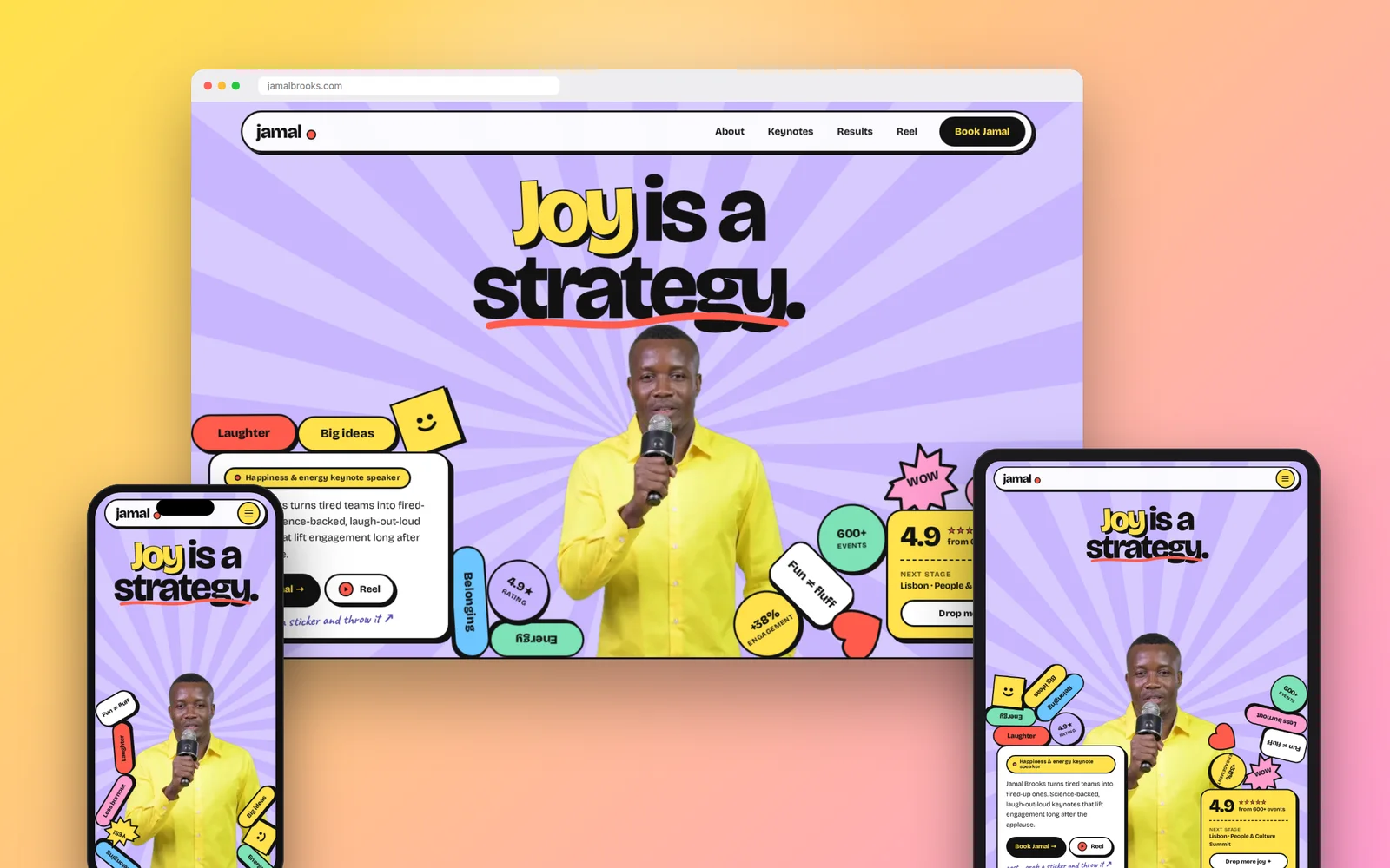 Pop: Happiness & energy speaker website design on desktop, tablet and phone