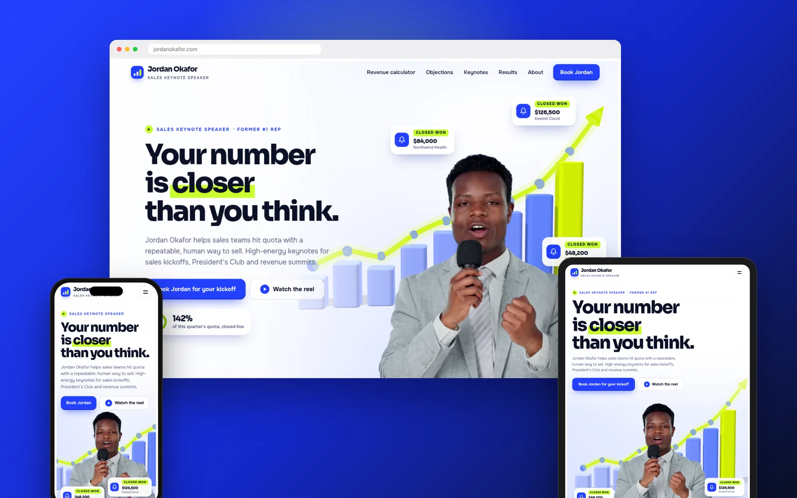 Quota: Sales & business-growth speaker website design on desktop, tablet and phone